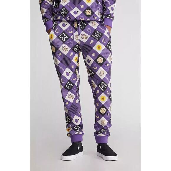 Kappa Purple Black All Over Print Logo Edmar Fleece Men's Jogger Pants Size XL - Picture 1 of 9